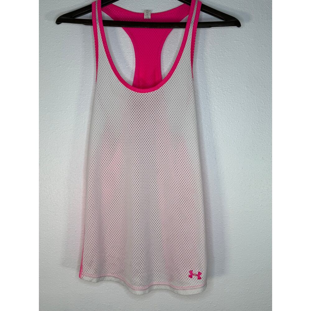 Under Armour Pink White Mesh Semi Fitted Heat Gear Tank size M Jersey Style